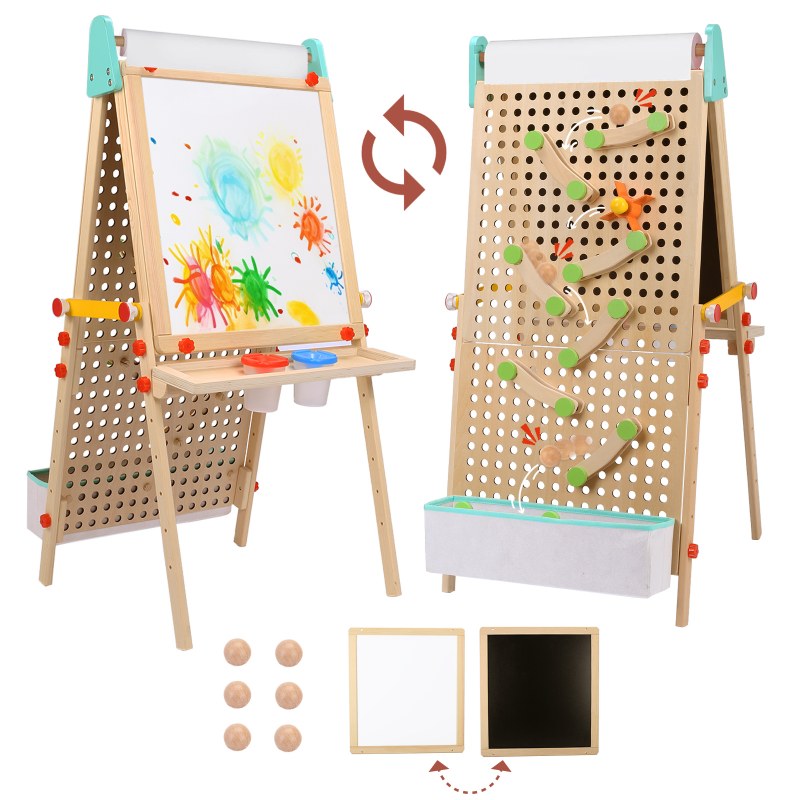 Kids Easel Wooden Marble Run for Kids, 4-in-1 Toddler Art Easel for Kids 3+ Painting Station Stand Drawing, Double-Sided 6 Heights Black Chalkboard Magnetic Whiteboard Paper Roll Holder