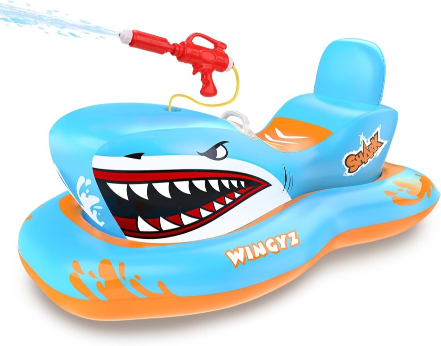 Wingyz Inflatable Pool Floats for Kids with Built-in Water Gun, Swimming Pool Float Toys Boat for Toddlers, Shark Shaped Ride-on Pool Floaties for Boys Girls Aged 3-12 for Summer Pool Beach…