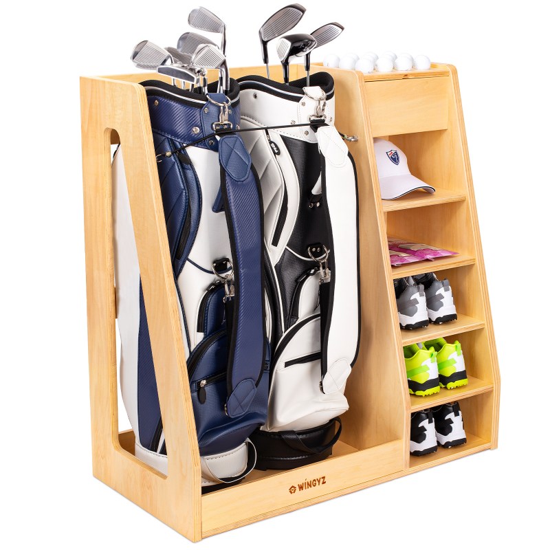 WINGYZ Golf Bag Storage Garage Organizer, Premium Wooden 2 Golf Bags Rack Stand holder, Golf Trunk Organizer for Garage, Club, Shed, Basement