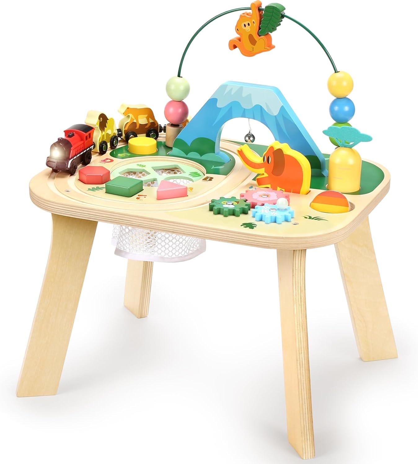 WINGYZ Baby Activity Table Electric Train for 1+ Year Old, Wooden Montessori Standing Center with Shape Sorter Bead Maze, 12 Months Baby Sensory Table Toddler Toy, 1st Birthday Gifts for Boys Girls